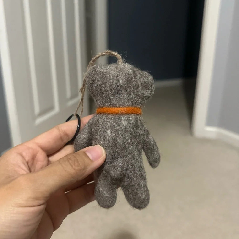 Handmade Wool Felt Bear Keychain‎ with Orange Bow